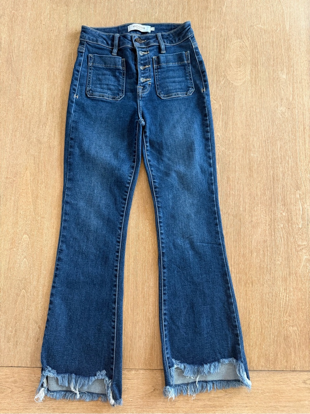 Hidden Los Angeles High Rise Button Fly Flare Jeans Raw Hem Size 24